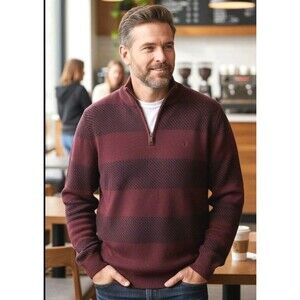 Chaps Men's L/G Burgundy & Blue Striped 1/4 Zip Pullover Sweater Grandpacore